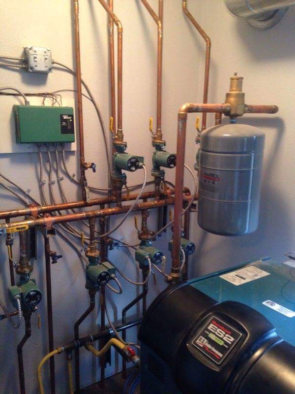 Hydronic boiler room with circulators and zone valves